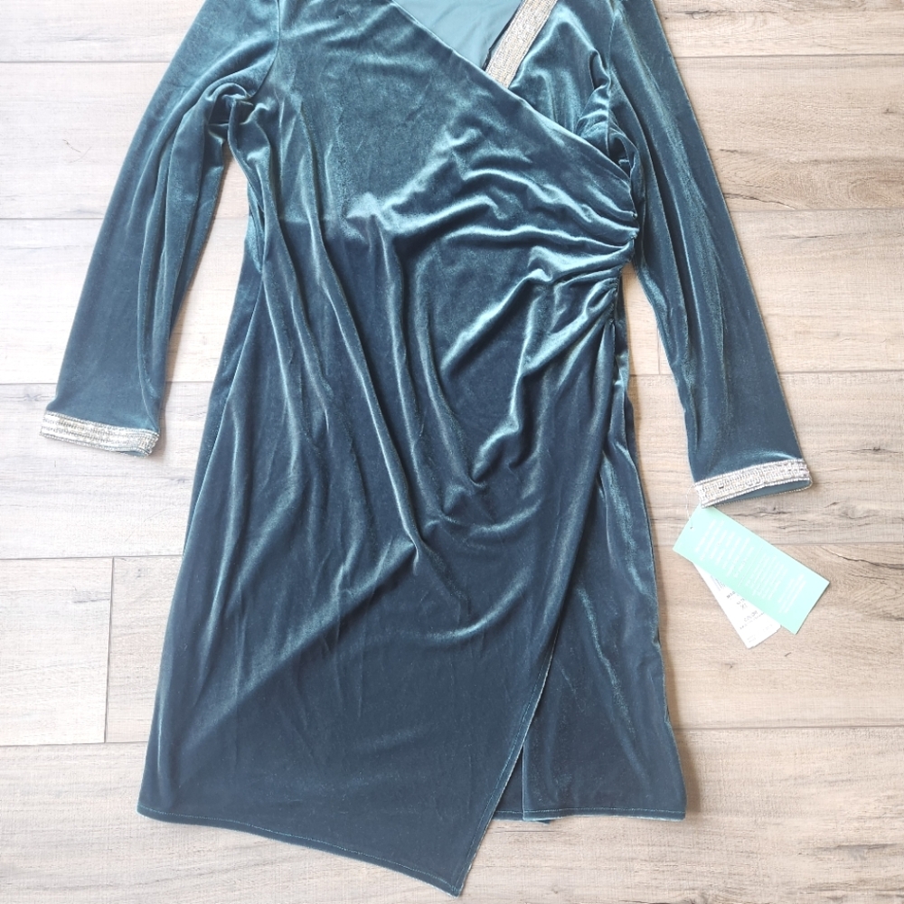 NWT MSK Elegant Emerald Velvet Wrap Dress, Size XL - Picture 2 of 14